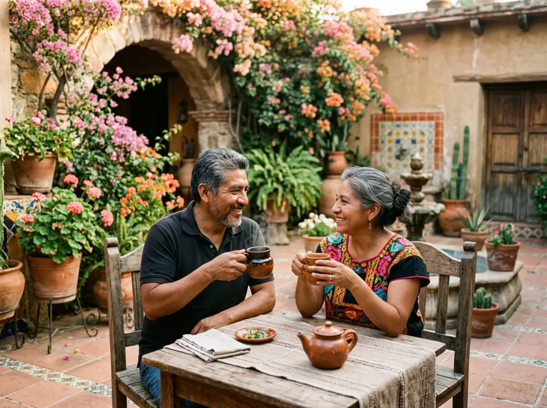 Pareja adulta conversando con una bebida caliente en el patio