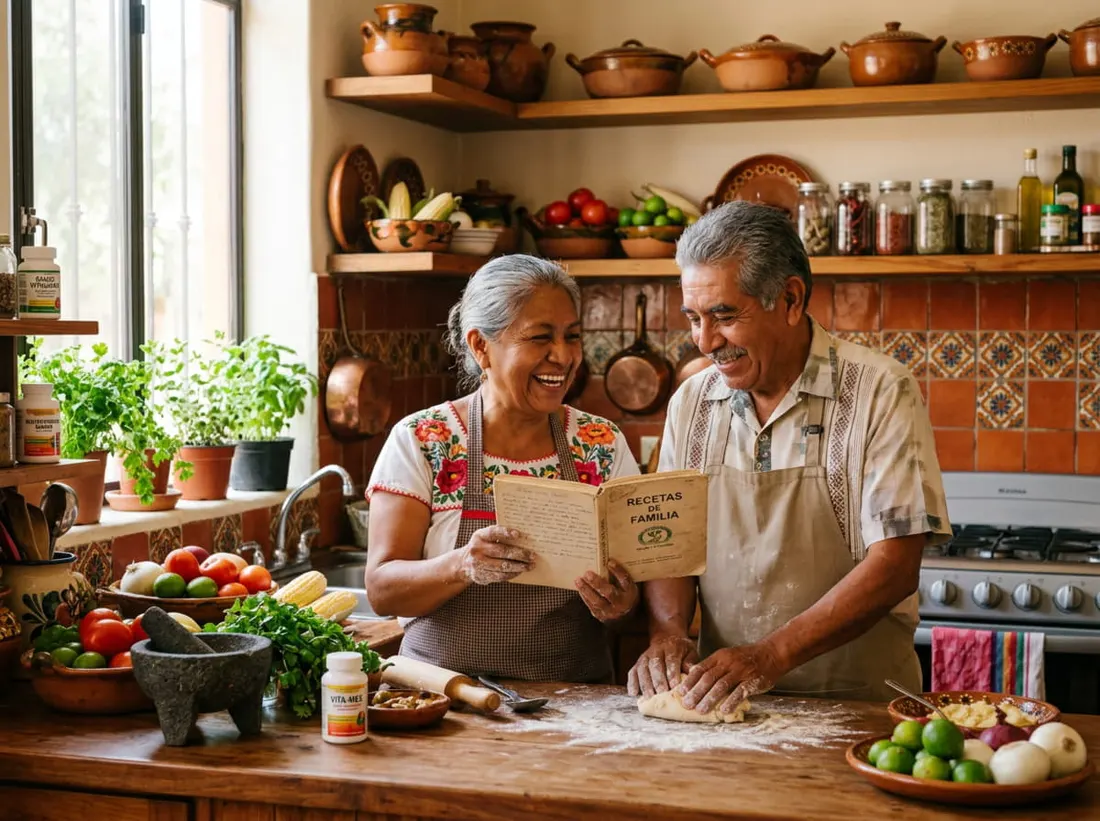 Pareja adulta preparando comida casera en la cocina