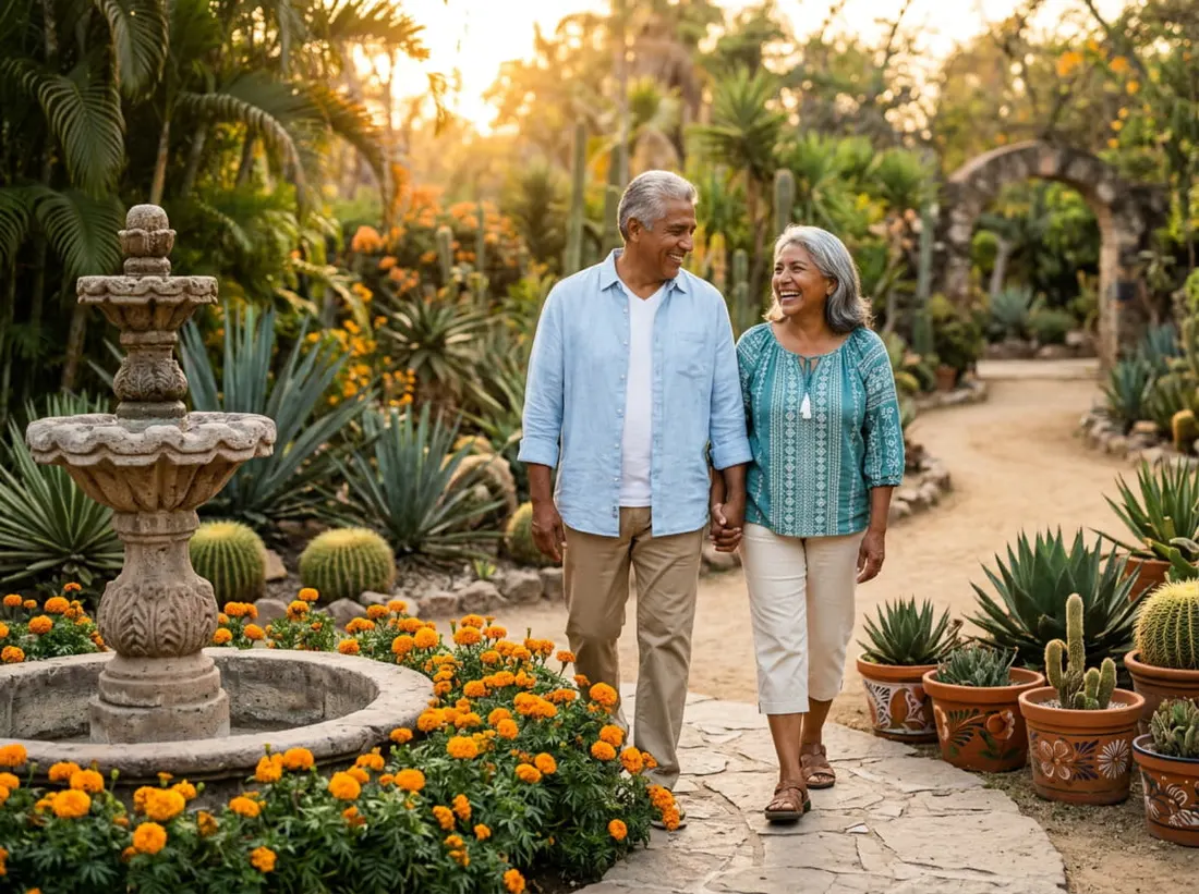 Pareja adulta caminando entre plantas en el patio de casa