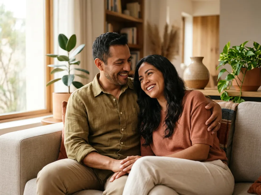 Pareja adulta relajada en casa