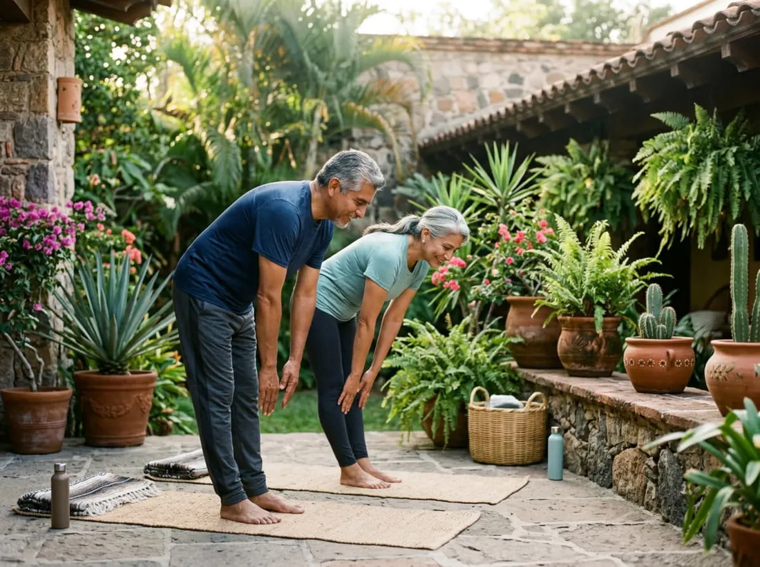 Pareja adulta haciendo estiramientos al aire libre