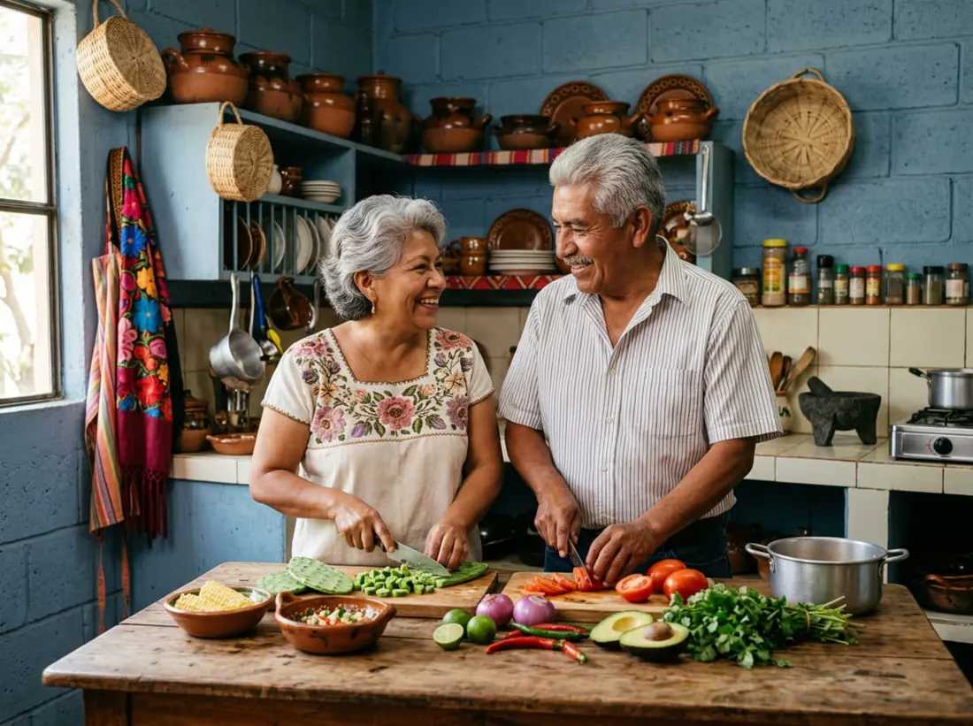 Pareja adulta cocinando con verduras frescas