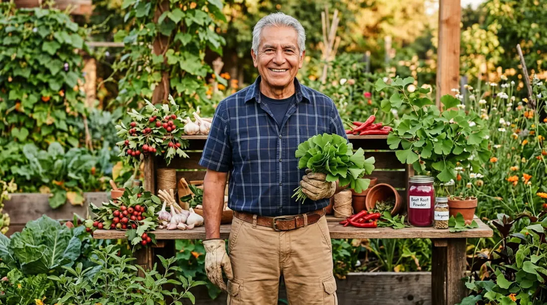 Hombre adulto cosechando verduras en su huerto