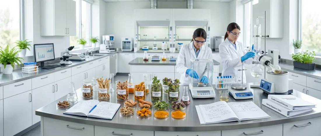 Personal de laboratorio pesando y analizando extractos vegetales