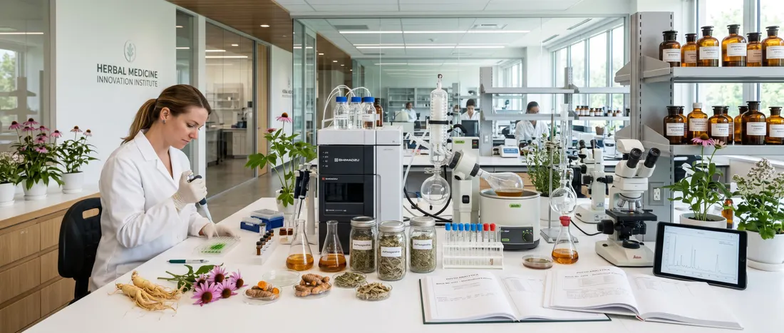 Laboratorio de análisis con muestras vegetales y material científico