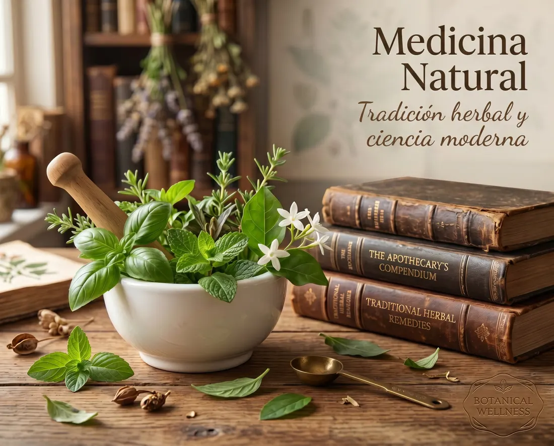 Libros de herbolaria junto a un mortero con plantas frescas