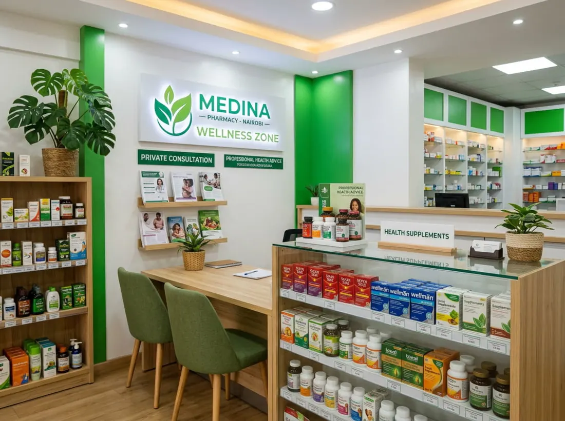 Zona de bienestar y consulta dentro de una farmacia
