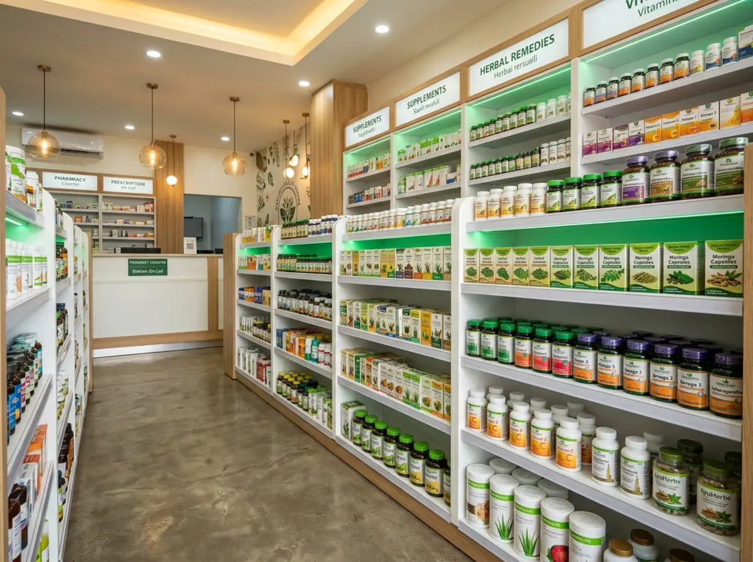 Interior de una farmacia con estantes ordenados