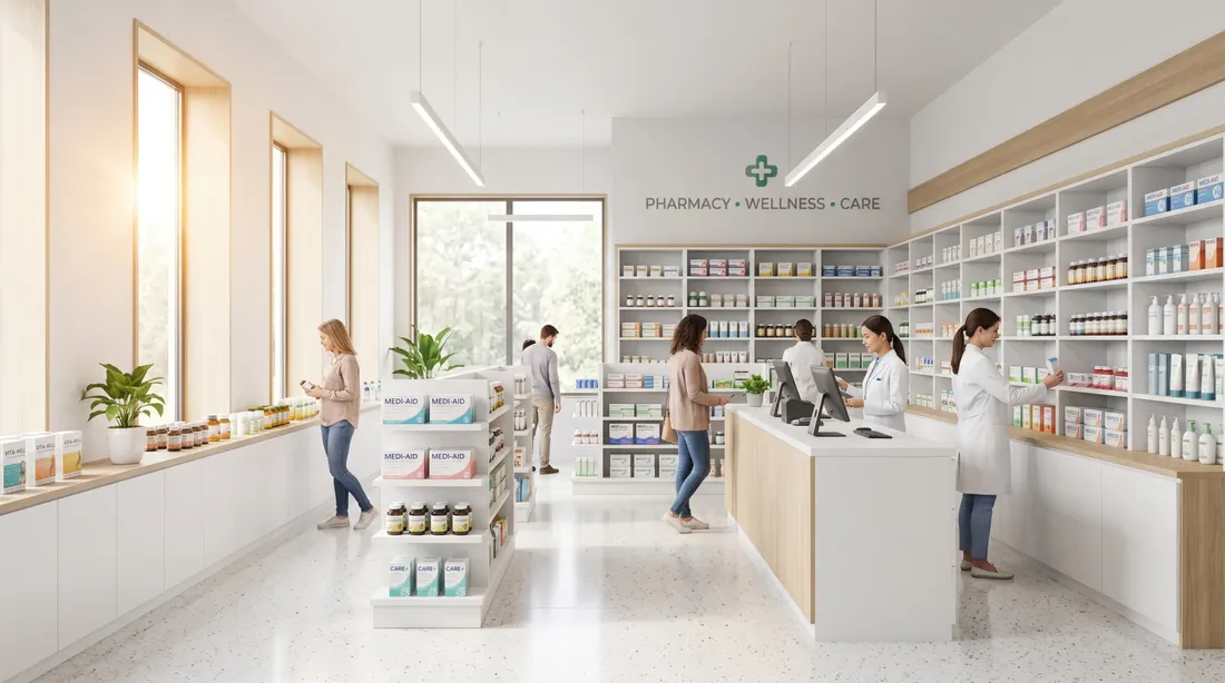 Clientes siendo atendidos en el mostrador de una farmacia