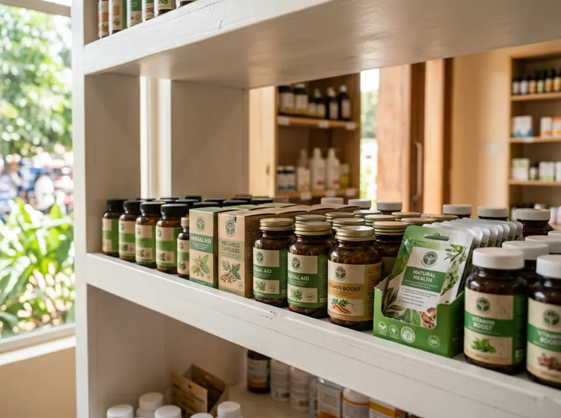 Estante de suplementos en farmacia con luz natural