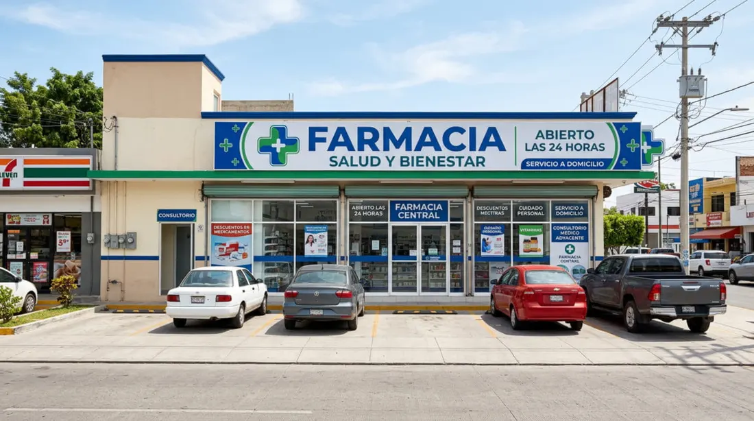 Farmacia de barrio vista desde la calle