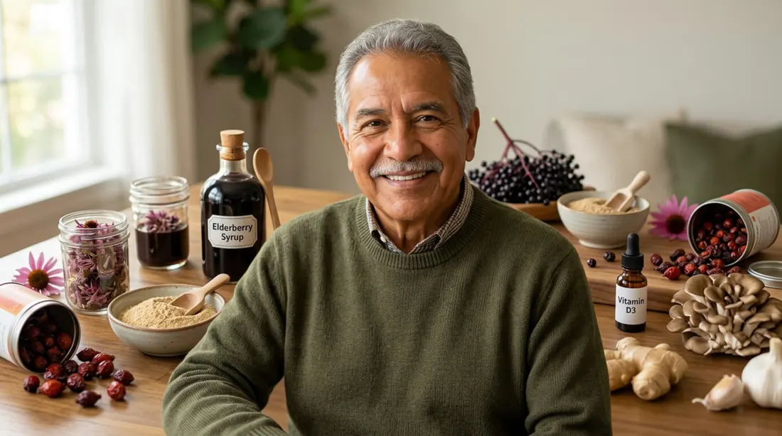 Hombre mayor junto a frutos y preparaciones de origen vegetal