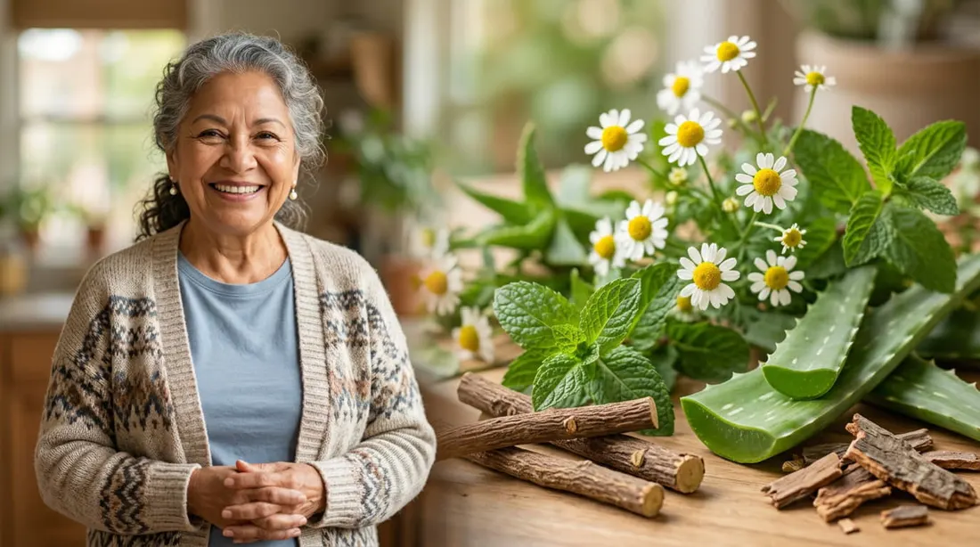 Mujer mayor junto a plantas medicinales y preparaciones naturales