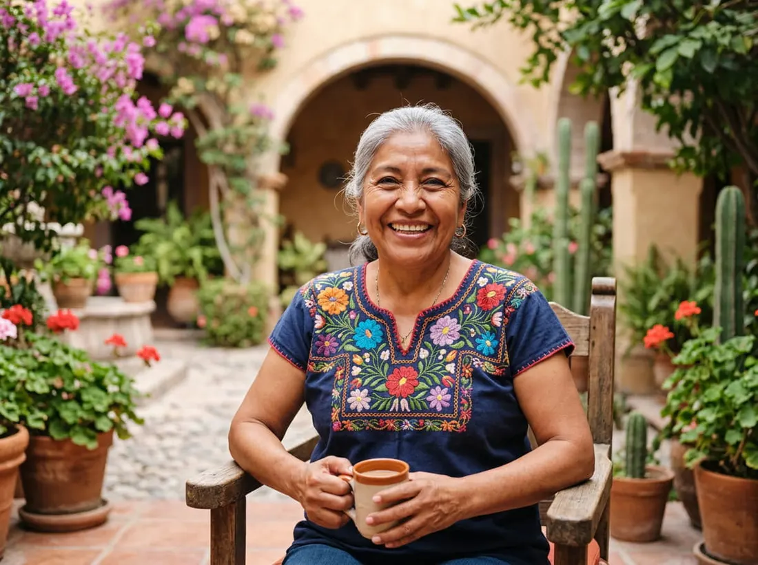 Mujer adulta sonriente en un patio con plantas