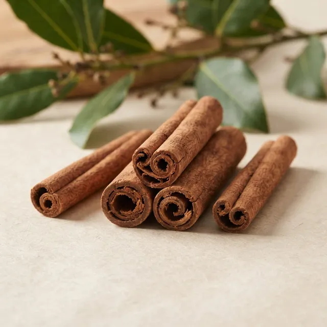 Ramas de canela en rama junto a hojas del árbol de canela